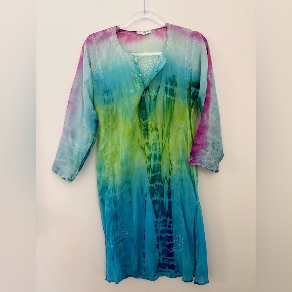 Vintage Indian Embroidered Tie-Dye Tunic Dress Size Small